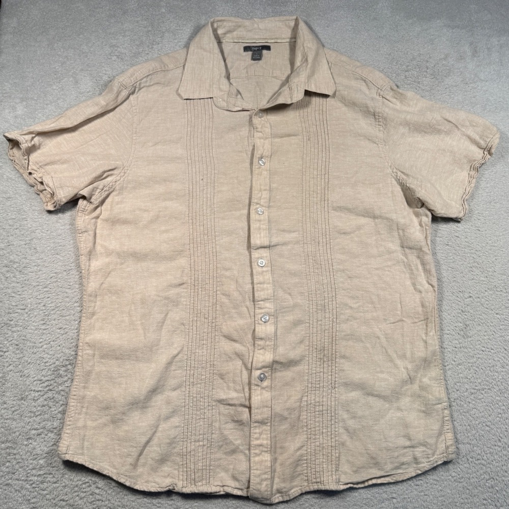 Vintage Y2K Apt 9 Button Down Shirt Mens L Tan Linen Blend Pintuck Short Sleeve